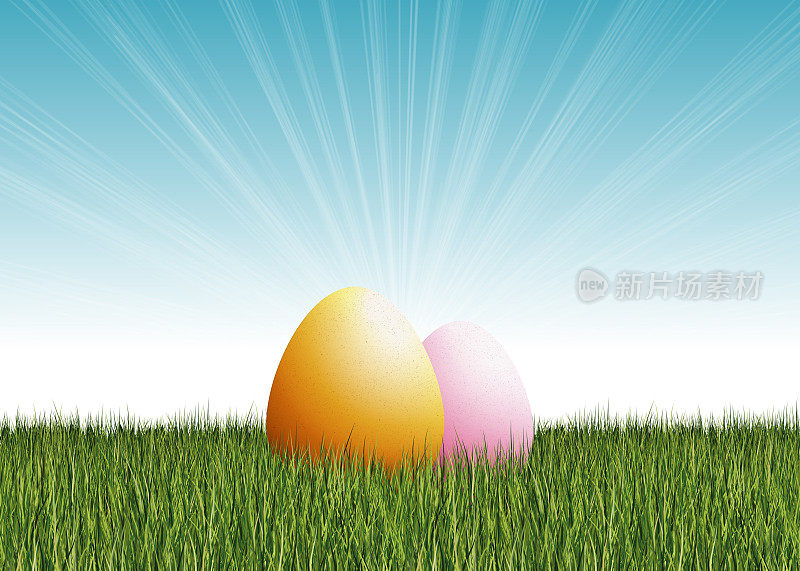 两个复活节彩蛋，草地和蓝色天空的灯光效果