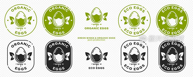 产品包装的概念。标签-天然农场有机鸡蛋。带翼叶的鸡蛋图标是天然有机产品的象征。向量集。