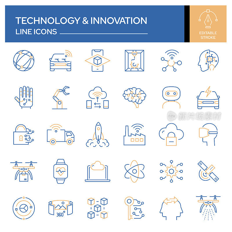 一组技术和创新相关的线图标。轮廓符号集合，可编辑的描边