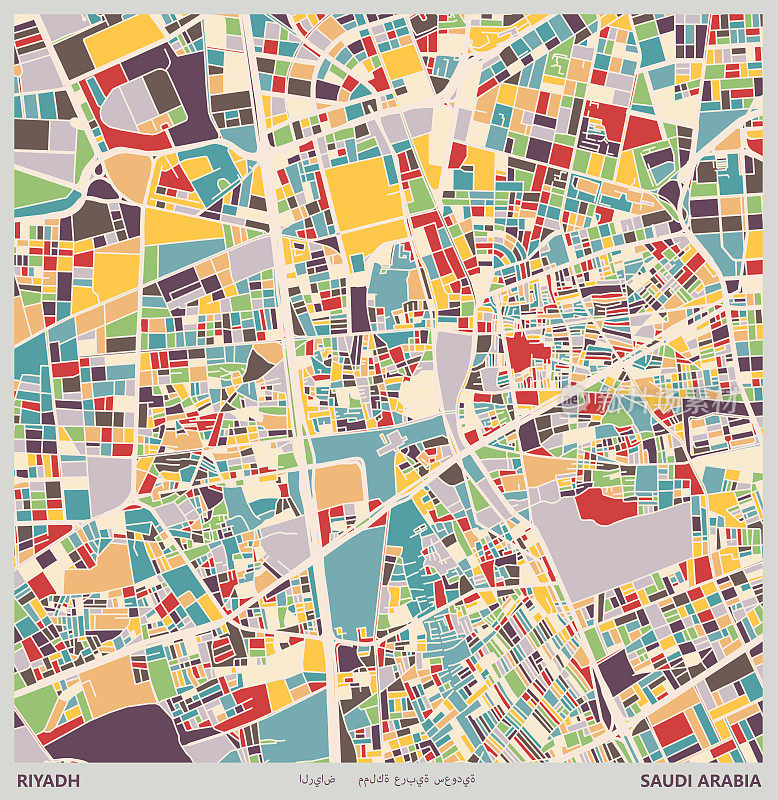 彩色插图风格的城市地图，利雅得市，沙特阿拉伯