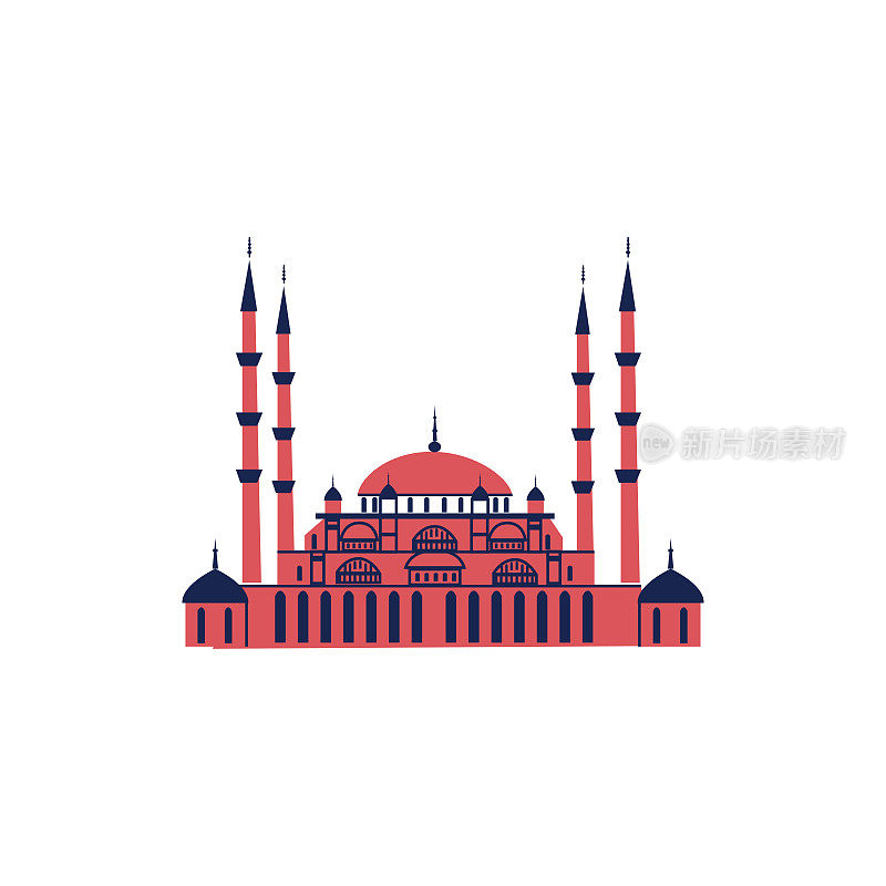 苏莱曼清真寺或塞利米耶清真寺，土耳其的地标Edirne市，卡通矢量插图孤立在白色背景，旅游图标，装饰彩色标识建筑设计广告