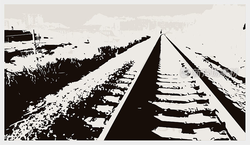 矢量单色雕刻风格古典艺术铁路景观场景图案背景