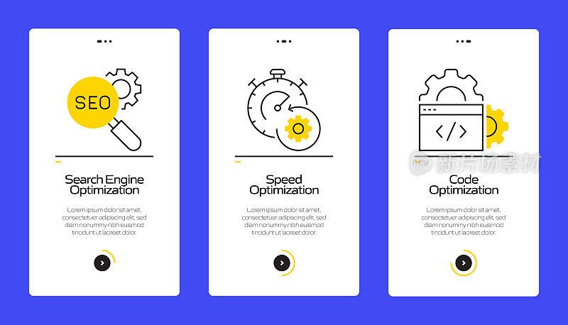 搜索引擎优化概念Onboarding移动应用程序页面屏幕与平面图标。UI设计模板矢量插图