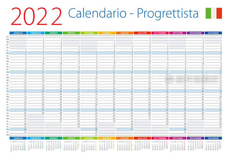 2022年日历规划师意大利。矢量插图。意大利版