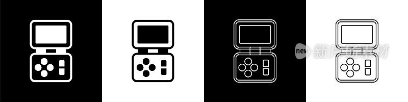 设置便携式俄罗斯方块电子游戏图标隔离在黑白背景。复古风格的口袋砖游戏。互动游戏设备。向量