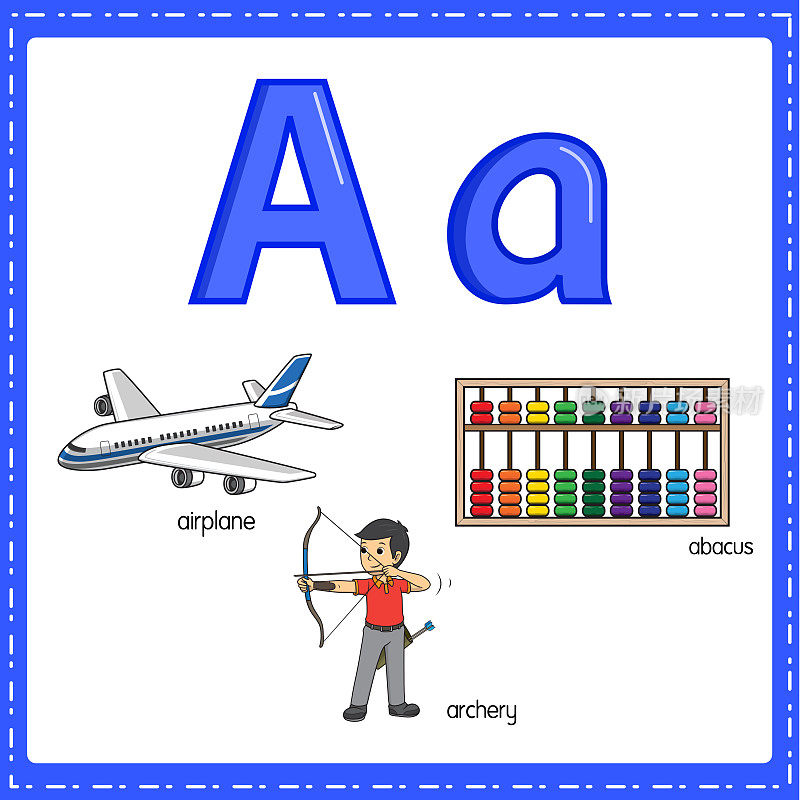 向量插图学习字母A的小写和大写的儿童与3卡通图像。飞机射箭Abacus。