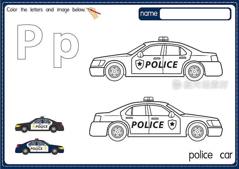 矢量插图的儿童字母着色书页与概述剪贴画，以颜色。字母P代表警车。
