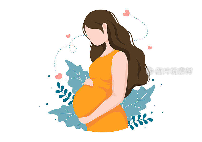 孕妇抱着她的肚子或母亲等待婴儿在平面卡通设计风格背景叶矢量插图