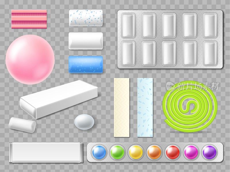 现实的口香糖。3D薄荷和水果泡泡糖。清新口气和口腔卫生。垫罩板包装。各种薄荷纸盘和铝箔包装的糖果球。向量gummy糖果集