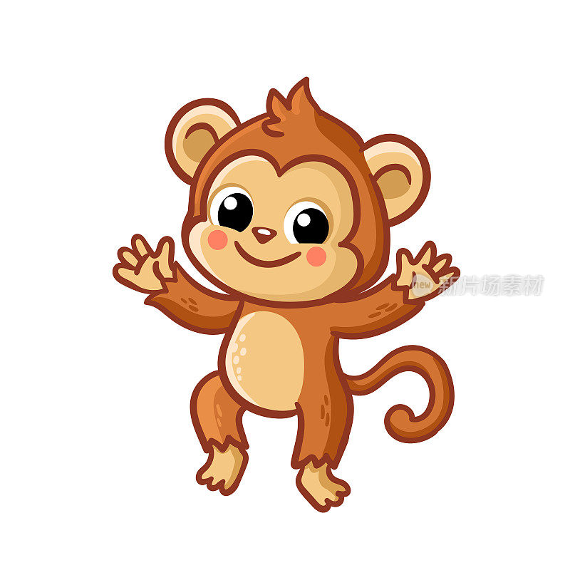 白色背景上的猴子幼崽。矢量插图与卡通风格的猴子。