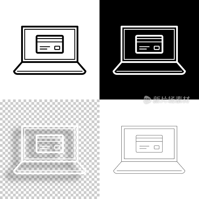 笔记本电脑和信用卡。图标设计。空白，白色和黑色背景-线图标