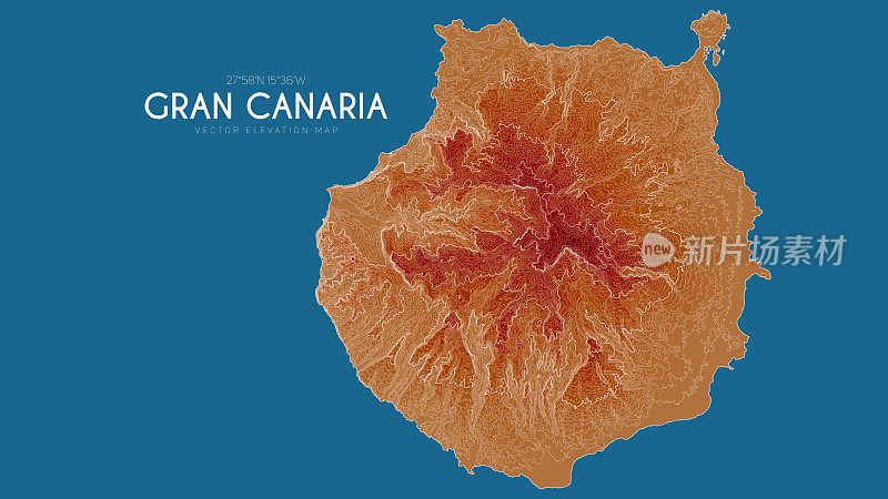 西班牙加那利群岛大卡纳利岛地形图。矢量详细高程地图的岛屿。地理优美的景观轮廓海报。