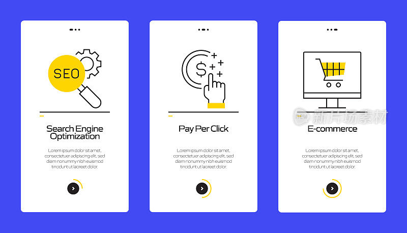 搜索引擎优化概念在移动应用页面屏幕上的扁平图标。用户体验，UI设计模板矢量插图