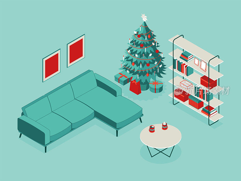 彩色等长矢量圣诞插图-客厅室内