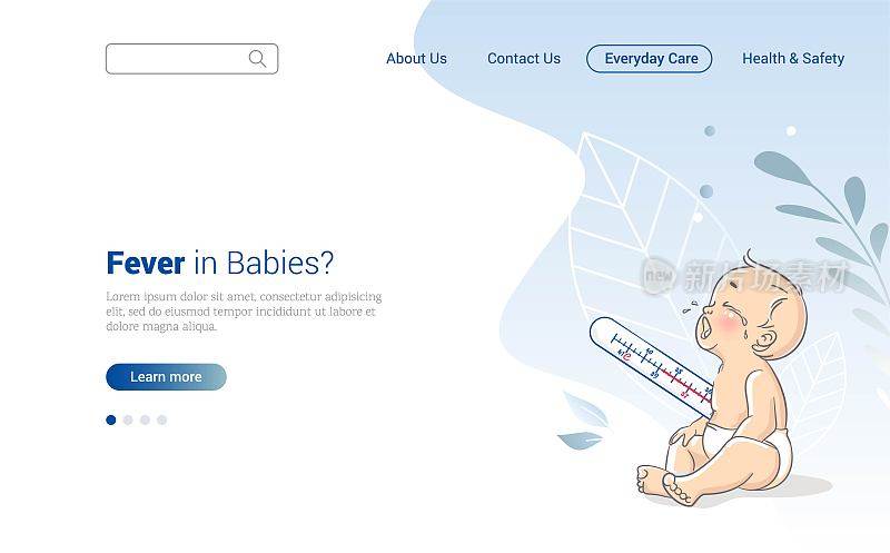 婴儿的健康概念。医疗保健和医疗网页设计模板与婴儿和温度计。