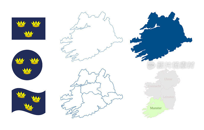 明斯特的地图。省的爱尔兰。详细的蓝色轮廓和剪影。行政区划、县。国家国旗。向量映射的集合。所有孤立的白色背景。模板的设计。