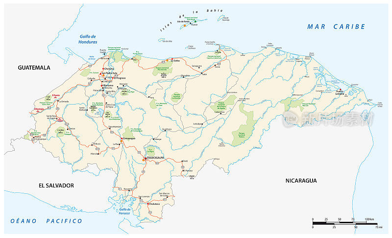 中美洲国家洪都拉斯的道路和国家公园地图