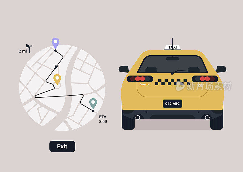 一辆黄色的出租车，上面有方格图案，有后视图，还有一张城市地图，上面有经过计算的路线