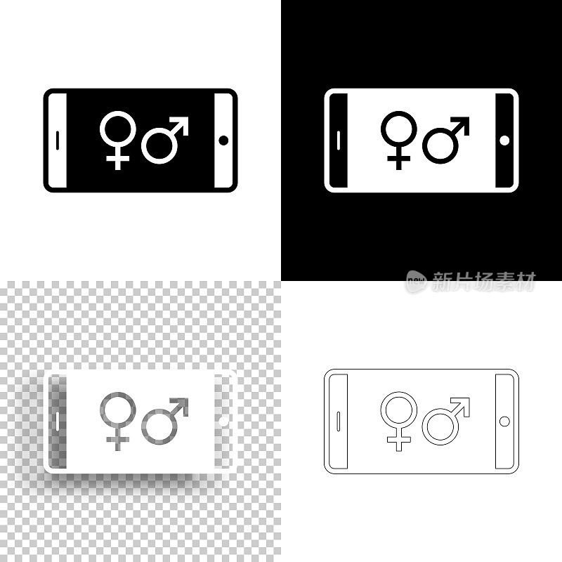 带有性别符号的智能手机。图标设计。空白，白色和黑色背景-线图标