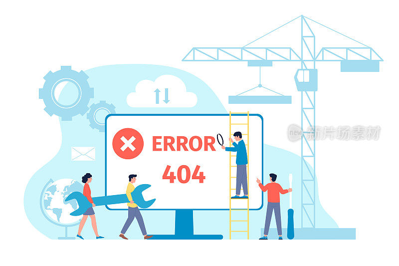 错误网页。404服务器错误，现代计算机网络故障警报系统。网站建设过程，数字化维护近期矢量场景