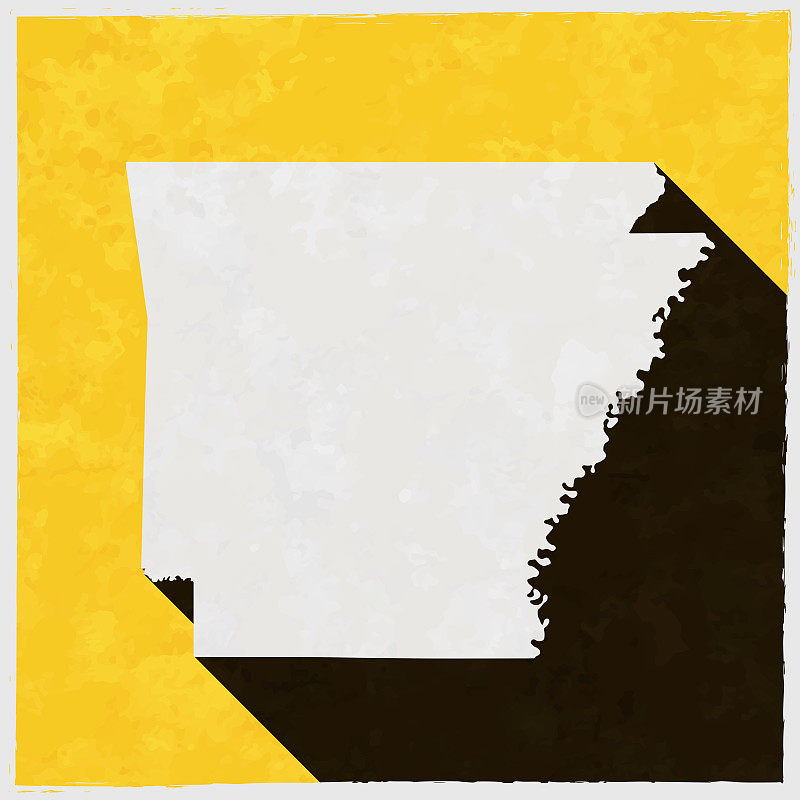 阿肯色州地图与纹理黄色背景上的长阴影