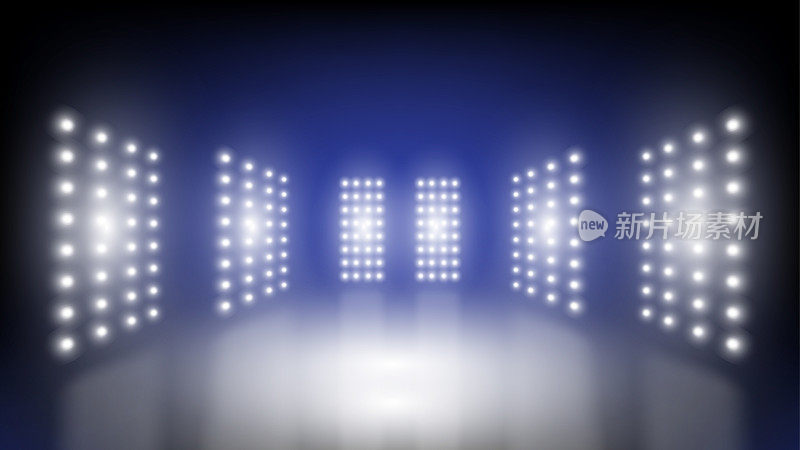 摘要技术背景体育场舞台大厅与风景灯的圆形未来技术用户界面蓝色矢量照明空舞台聚光灯背景。