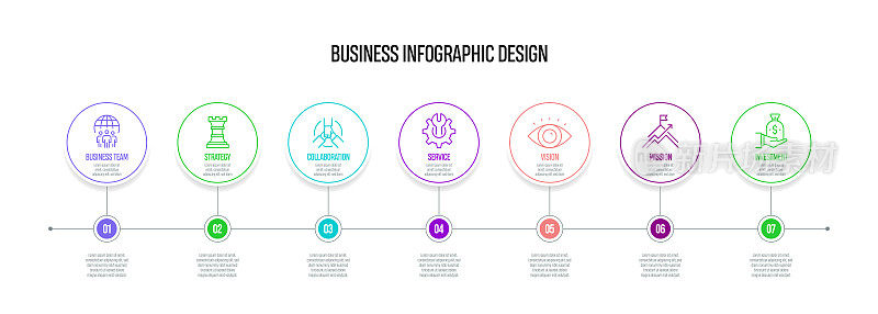 商业概念矢量线信息图形设计图标。7选项或步骤的介绍，横幅，工作流程布局，流程图等。