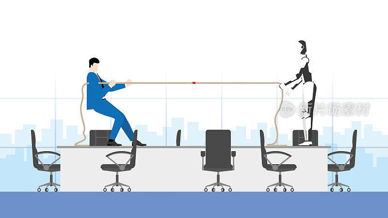 商业竞争与网络技术对抗的概念。一名商人和机器人在办公室里进行拔河比赛。人类与机器人在工作日竞争的冲突。