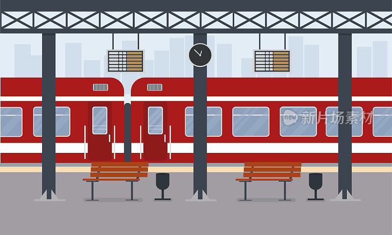 红色旅客列车在火车站火车站在城市