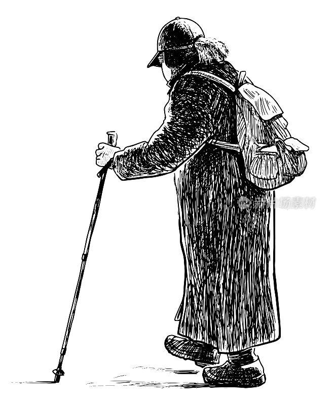 手绘的老妇人拄着拐杖走在街上