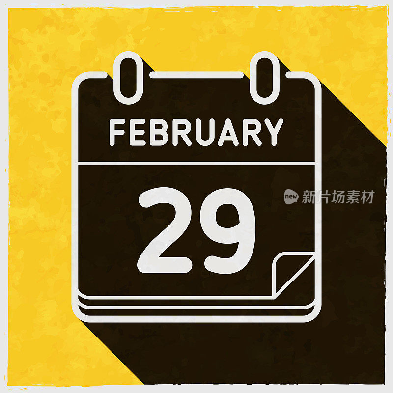 2月29日。图标与长阴影的纹理黄色背景