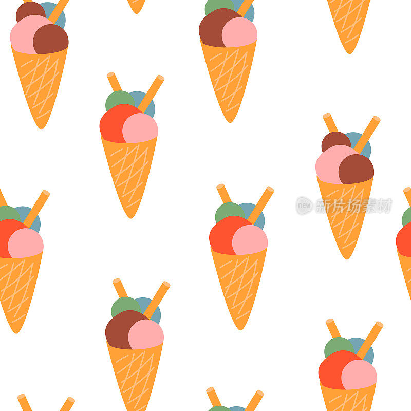 可爱的无缝图案，五颜六色的华夫筒冰淇淋和吸管