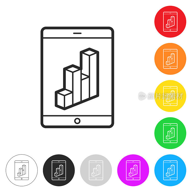 平板电脑与3D图表。彩色按钮上的图标