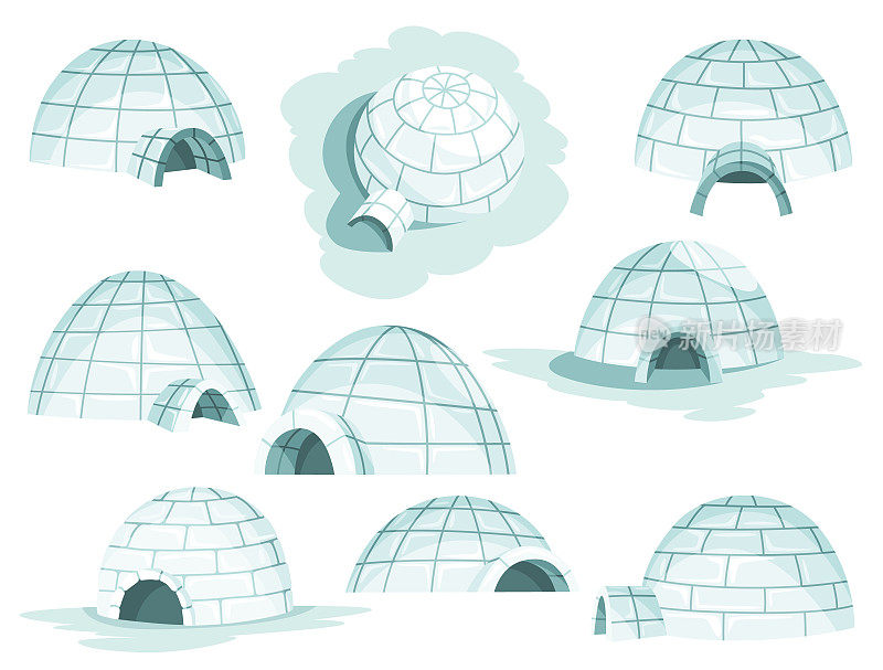 圆顶建筑图标集。卡通矢量冰窖在不同的变化。冬天用冰块建造。爱斯基摩人的房子孤立在白底