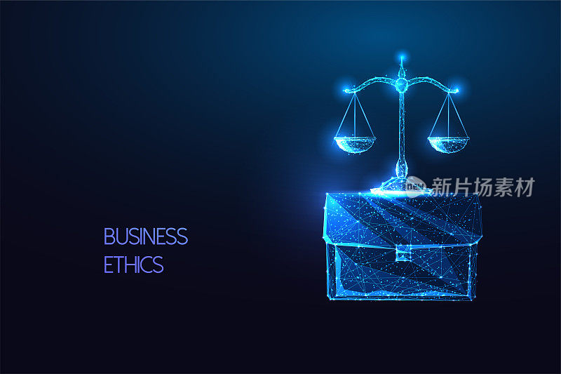 商业道德的概念，核心价值观在未来发光低多边形风格的蓝色背景
