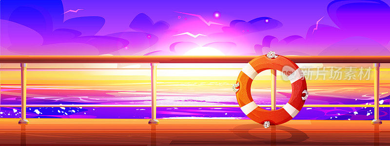 海上旅游的概念，卡通风格的旅游和海滩度假。救生圈:以海上日落为背景的有救生圈的海船甲板
