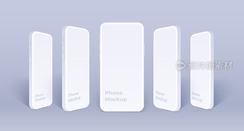 白色手机模型站成一排。粘土移动智能手机与空白屏幕隔离在紫色背景。3d矢量插图模型的应用程序设计演示或媒体宣传。