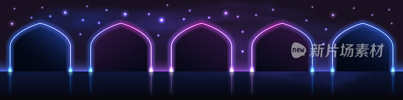 霓虹闪烁的大门，拱门的舞台，神秘的魔法走廊。科技未来的赛博朋克背景，星光闪耀的效果。矢量图