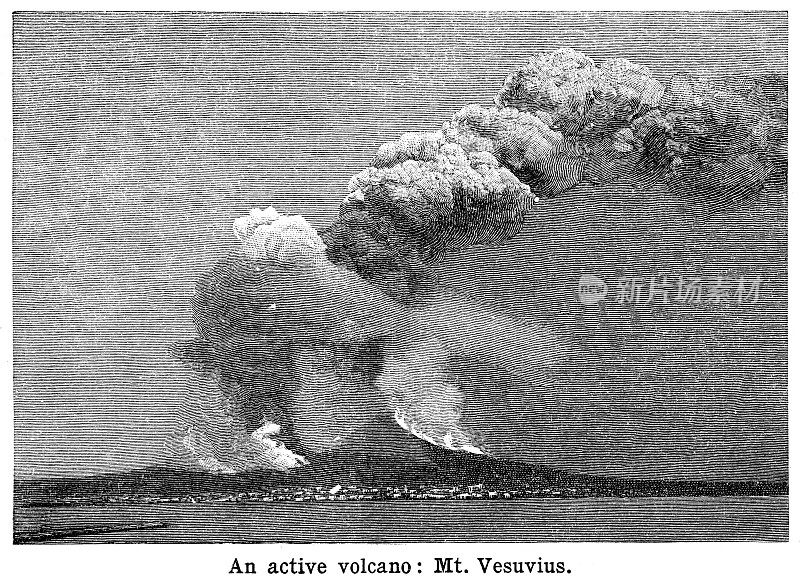 维苏威火山喷发，雕刻黑白1898年