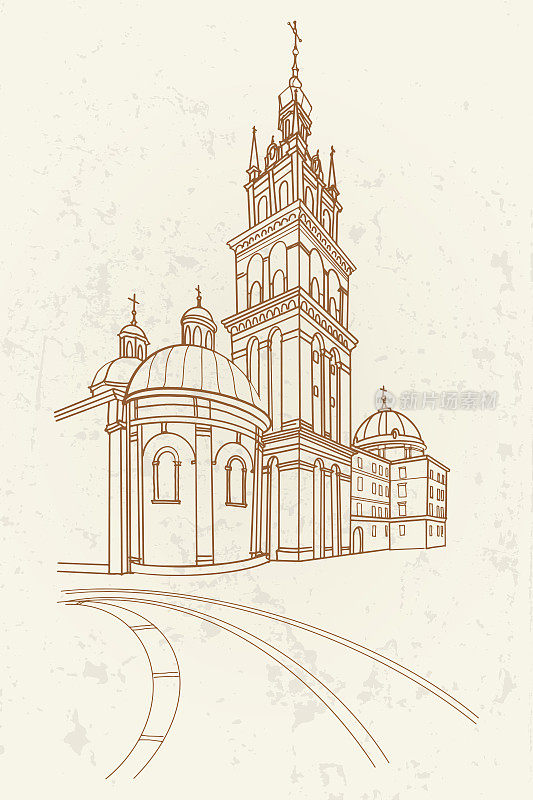 乌克兰利沃夫，圣母升天教堂的矢量草图。