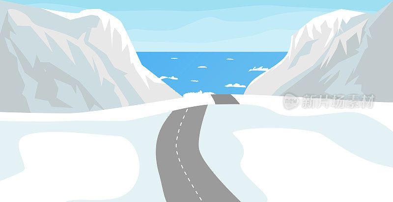 海、山、路冬季景观矢量插图。自然背景。通往海洋的高速公路。