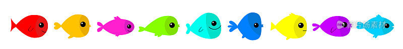 鱼图标线设置。可爱可爱的卡通搞笑宝宝角色。五颜六色的水族馆海洋动物。海洋生物。孩子们收集。孤立。白色背景。平面设计。