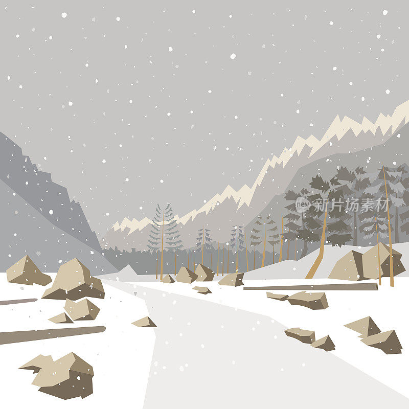 冬季山地景观背景，矢量插图