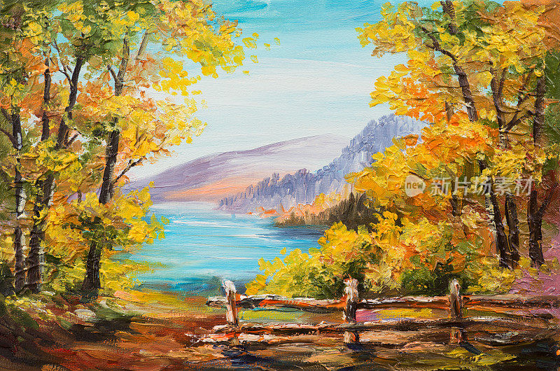 油画风景——五彩缤纷的秋林、山湖