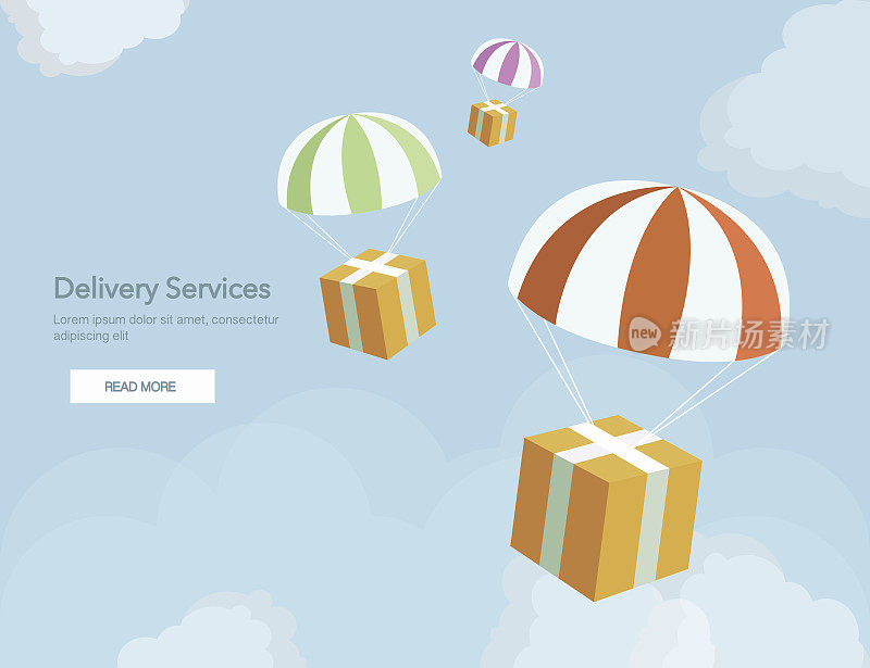 为交付服务和电子商务的网页横幅。包是飞行