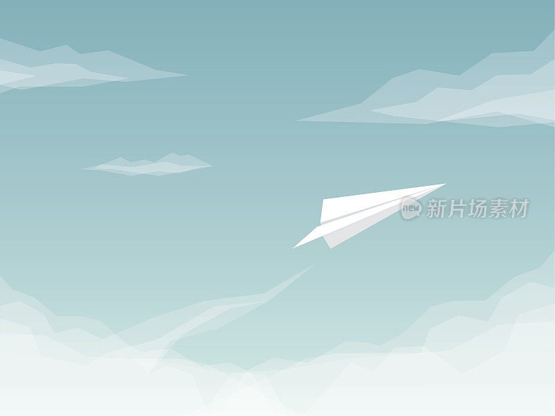 纸飞机背景与飞机飞行在云端。商业标志