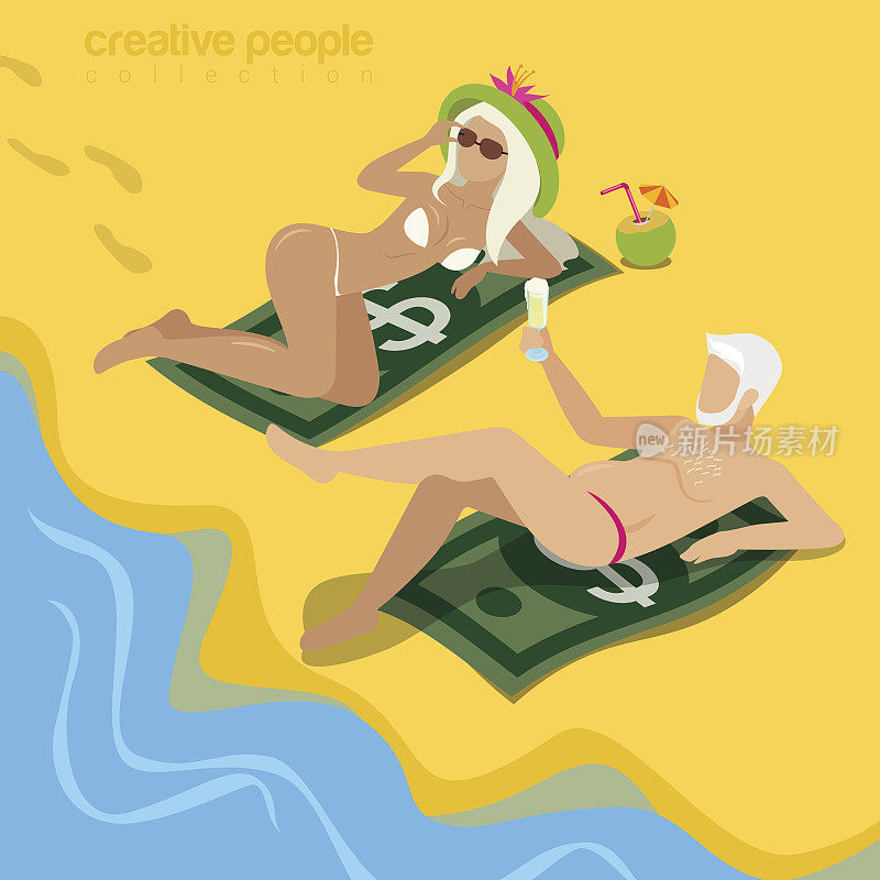 胖猫妾平面三维等距等距生活方式概念网络矢量插图。年长的男子年轻的激情金发的热带海滩日光浴在美元钞票上。有创造力的人集合。