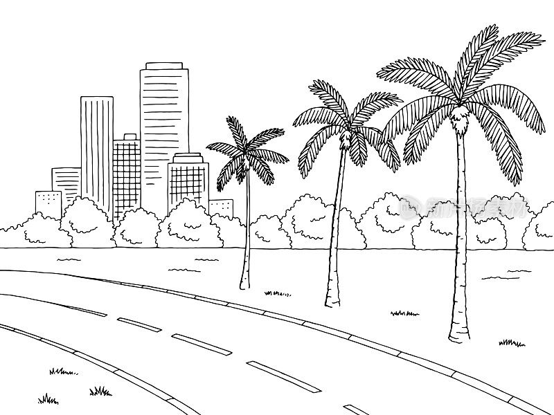 街道道路棕榈树图形黑白景观素描插图向量