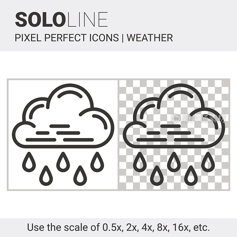 像素完美的大雨图标在白色和透明的背景细线风格