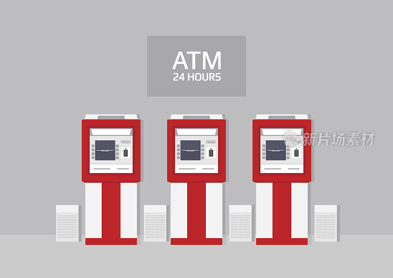 灰色背景下有三个24小时的红色ATM。